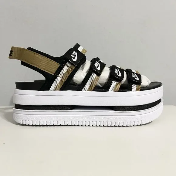 Nike Wmns Icon Classic “Black Metallic Gold” Women’s Size 6-9 White Sandals - Picture 2 of 11